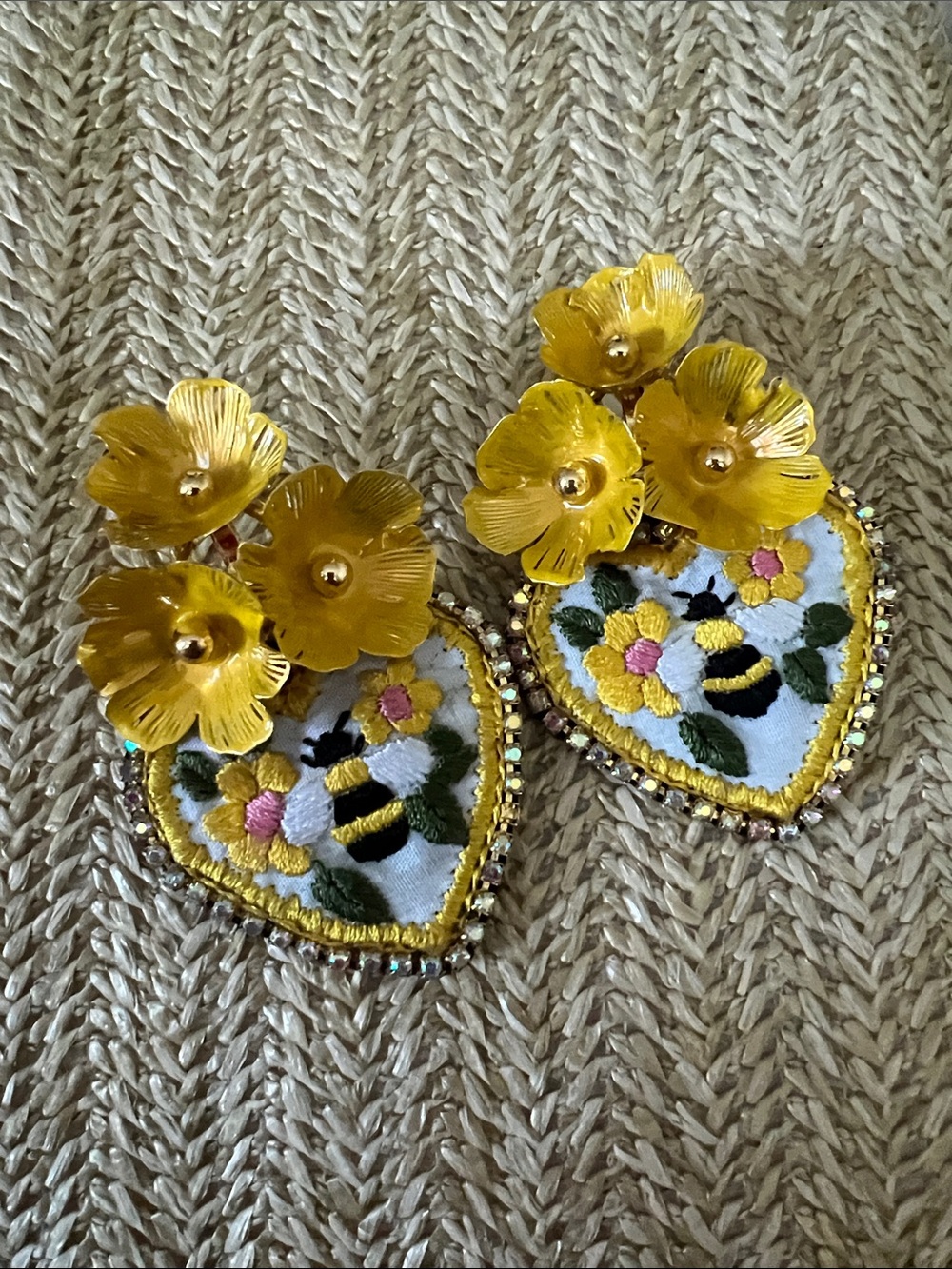 Yellow Floral Bee Heart Statement Earrings